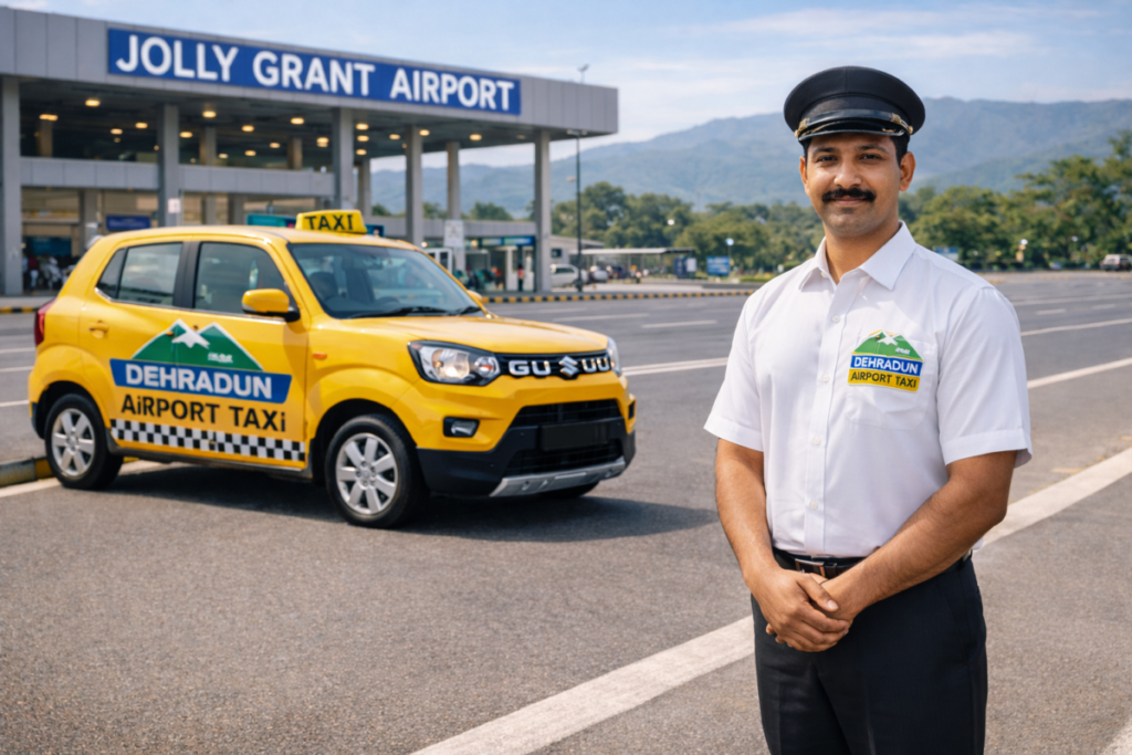 Professional Dehradun Airport Taxi driver with uniform and cab at dehradun airport terminal