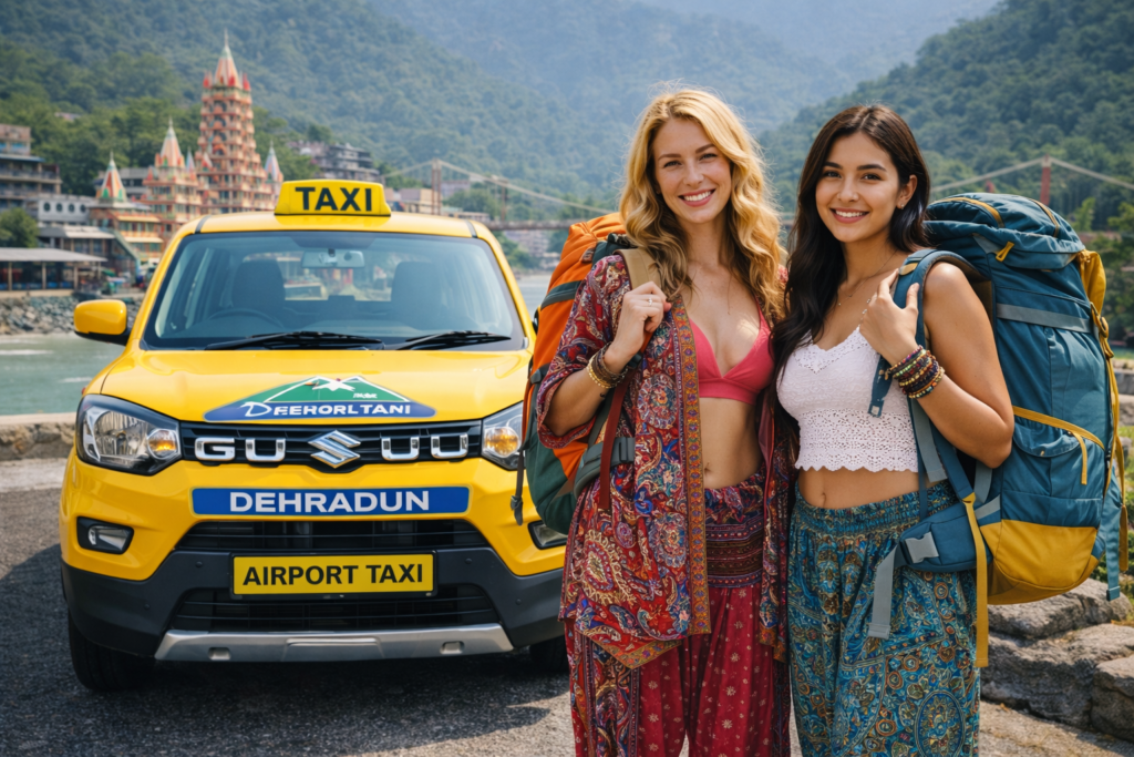 International tourists with backpacks using Dehradun Airport Taxi car in Rishikesh